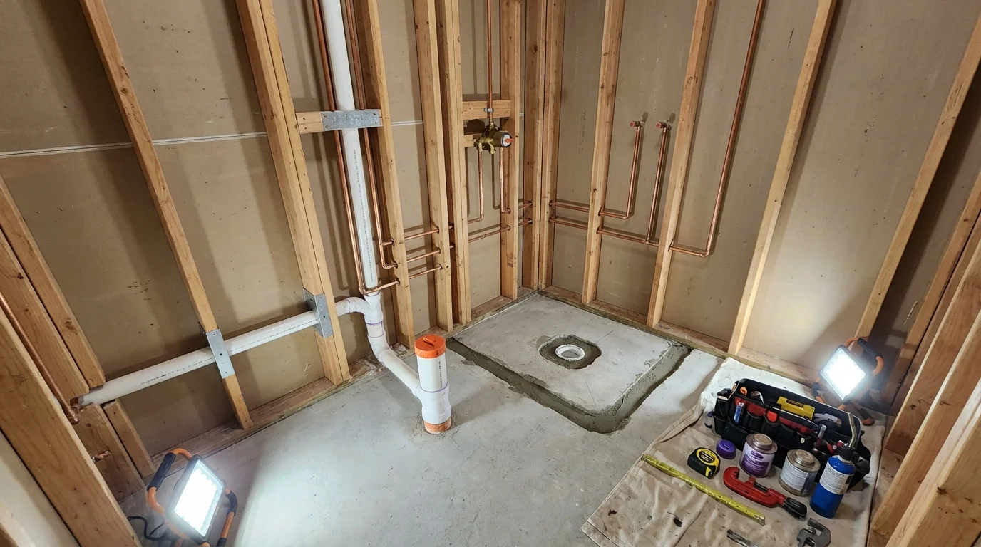 Bathroom rough-in plumbing during remodel by Johns Plumbing LLC in Chadron