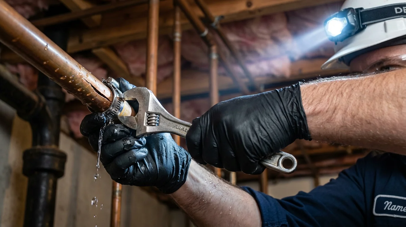 Emergency pipe clamp repair being performed by a Johns Plumbing LLC plumber in Chadron