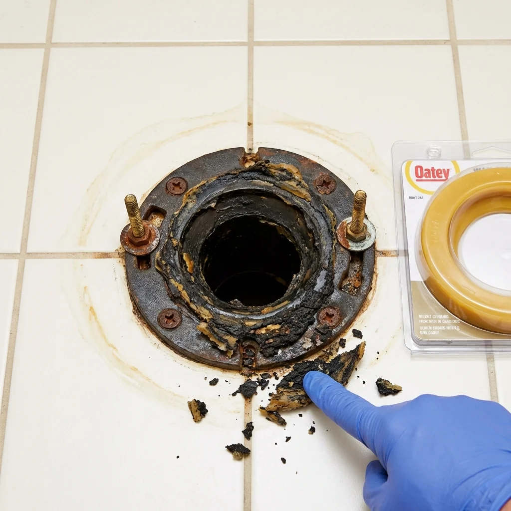 Failed wax ring showing water seepage at the base of a toilet in a Chadron, NE home