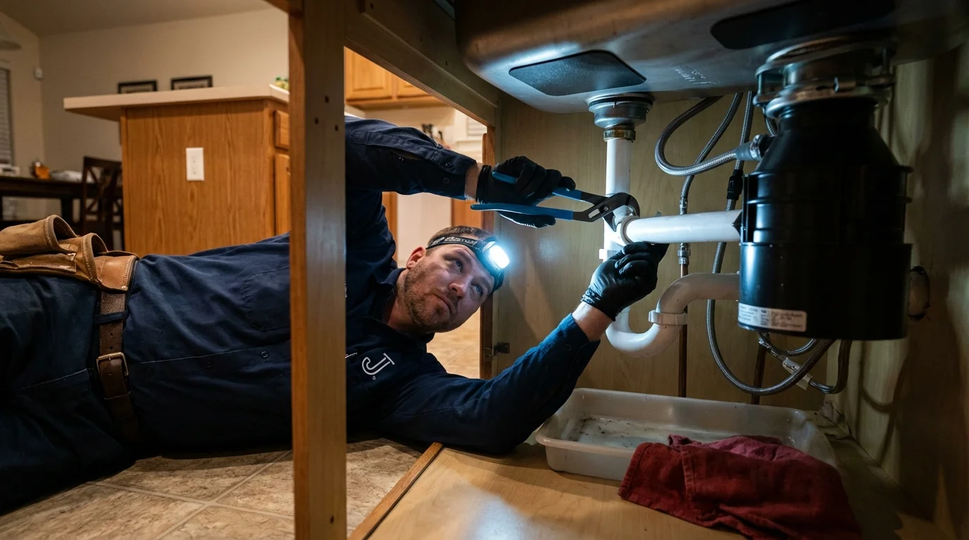 P-trap and supply line connections under a kitchen sink showing a common leak point in Chadron, NE